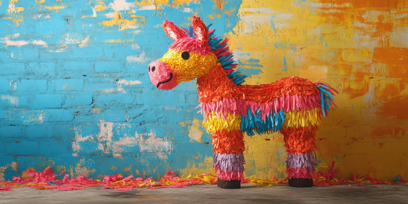 Colorful piñata stands against a vibrant painted wall in a cheerful indoor setting for a festive celebration